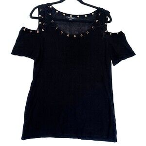 Roz & Ali Women’s Large Black Cold‑Shoulder Short Sleeve Top Golden Grommets